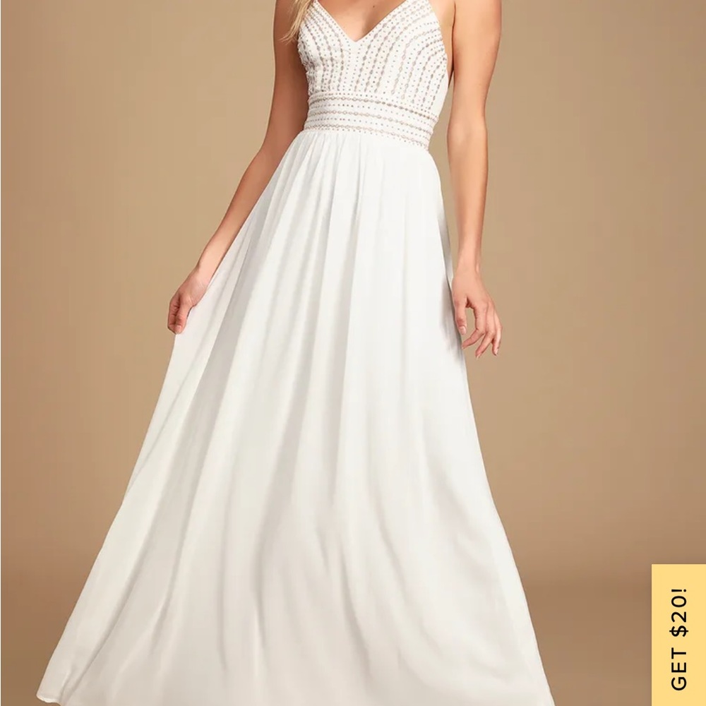 Lulus Meet Me in Madrid White Beaded Maxi Dress size Small